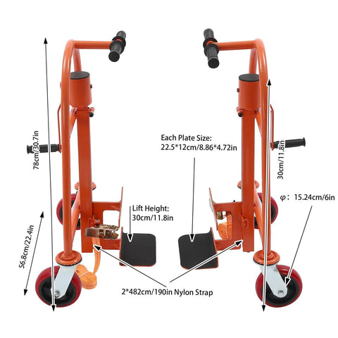 Beefy Heavy Duty Furniture Moving Dolly Set With Wheels, 12 Inch Lift Height, Dual Pack Of 2, Durable Steel Construction, Nylon Straps, Red, Ideal Machinery Mover For Sofas, Cabinets, Appliances And Heavy Objects. Side view with dimensions