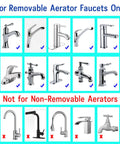 Image showing compatible and non-compatible faucets for Durable Brass Faucet Aerator Adapter For A Quick M18.5 Male To M22 Kitchen Sink Swap.