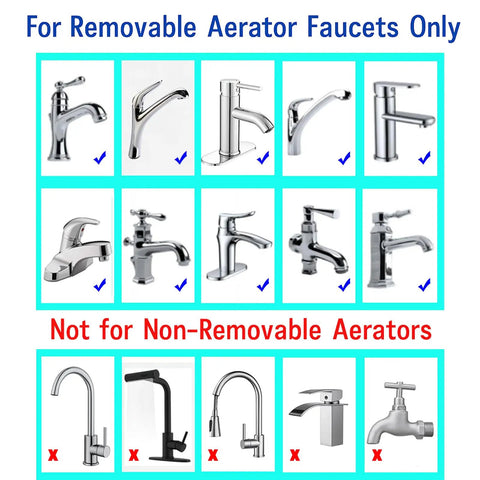 Image showing compatible and non-compatible faucets for Durable Brass Faucet Aerator Adapter For A Quick M18.5 Male To M22 Kitchen Sink Swap.