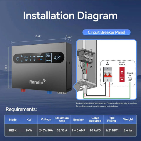 Installation diagram for Sleek Compact 8kw Tankless Electric Water Heater showcasing dimensions and circuit requirements.