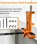 3-In-1 Cabinet Door Mounting Jig With Adjustable Positioner, Base, And Three Drill Bits, Pro-Grade Aluminum Alloy Cabinet Hinge Installation Tool For Frameless And Face-Frame Cabinets, Works On Left Or Right Opening Doors shown with drill bits and scale in close-up view