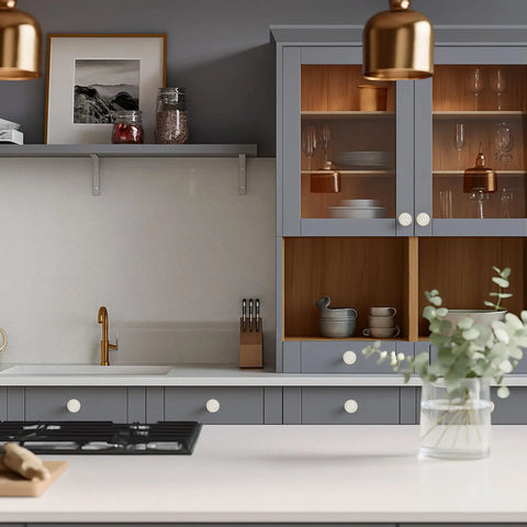 Modern kitchen with Round Gold Cabinet Knobs Set Of Twelve, One And A Quarter Inch Pearl Bead Drawer Pulls In Brushed Brass.