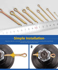 136 Piece Cotter Pin Clips Set With Nine Sizes Colored Zinc Split Pins M2 Through M6 with ruler and installation diagram.