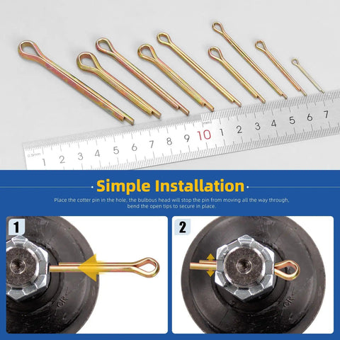 136 Piece Cotter Pin Clips Set With Nine Sizes Colored Zinc Split Pins M2 Through M6 with ruler and installation diagram.