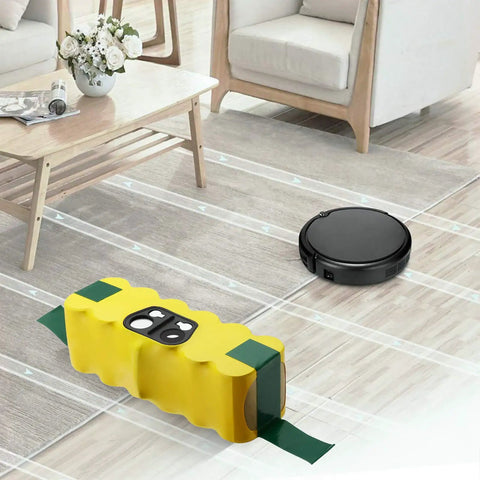 Room setting with Roomba robot and Replacement Roomba Battery 14.4V 5000mAh Ni MH Battery For Roomba 500 Through 900 Series