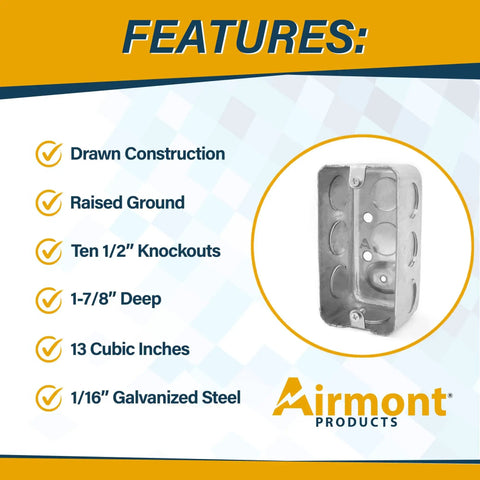 Image of Combo Pack 4x2 Inch Utility Electrical Box And Toggle Switch Cover In Galvanized Steel, 13 Cu In Capacity, showing features.