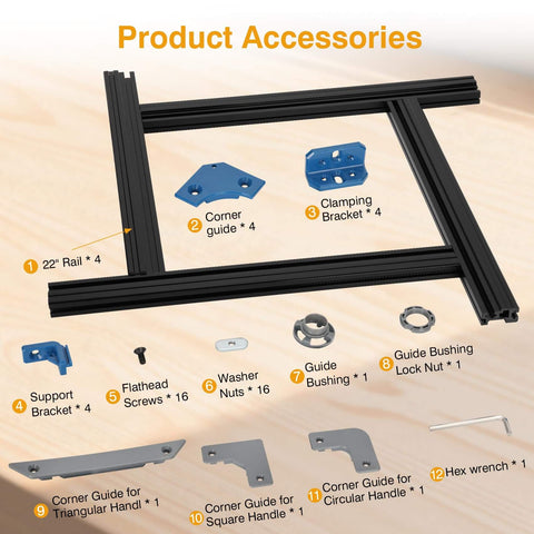 Accessory components for Adjustable Router Jig For Cutting Boards Up To 18 By 18 Inches showing rails, guides, and brackets.
