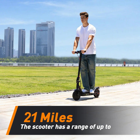 Person riding Long Range Electric Scooter For Adults Who Want To Cruise With 21 Mile Per Charge, 350W Motor, 18 MPH Top Speed