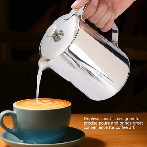 Stainless Steel Milk Frothing Pitcher With Lid And Dripless Spout 2000ml Pro Grade held pouring milk into latte art cup