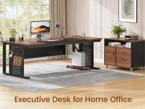 L Shaped Executive Desk With Rolling File Cabinet And Built In Power Outlets For A Boss Level Workspace Large Corner Desk With Drawers CPU Stand Pegboard Storage Shelves And Hooks Brown Finish in a modern home office setting