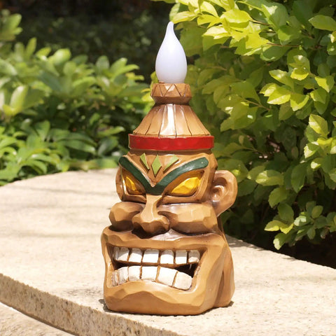 Outdoor Solar Tiki Head Statue With Dancing Flame Glow For Garden Yard Patio Tiki Bar Style Torch Light Figurine close-up