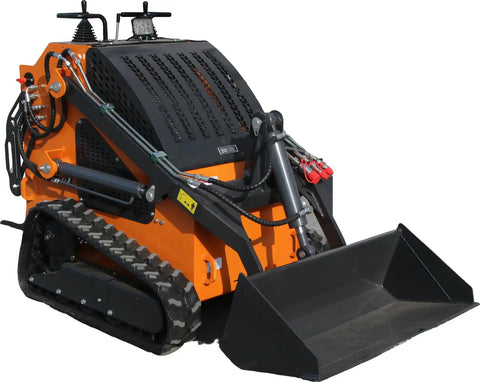 Beast 23HP Mini Skid Steer Loader with tracks and bucket, showing RATO engine, air cooled for farm and garden construction use