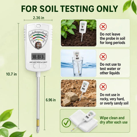 All In One 7 In 1 Soil Tester For Moisture pH Fertility Temperature Humidity And Light Digital Soil Meter For Garden Lawn Farm Indoor And Outdoor Use The Go To Tool For Smart Plant Care, 10.7 in white analog-digital probe