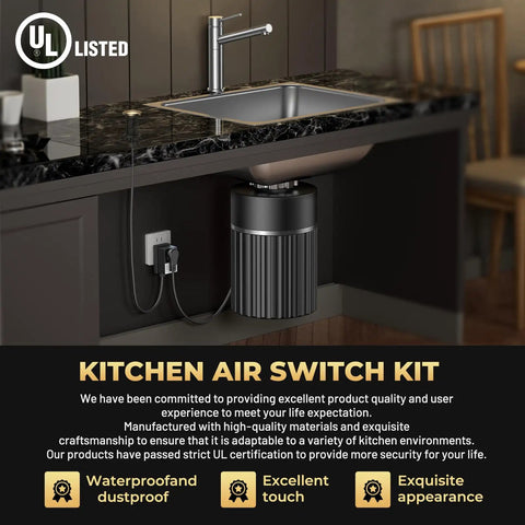 Wireless Sink Top Button For Garbage Disposals, Champagne Bronze Finish, installed on a kitchen countertop above a disposal unit