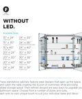 Heavy Duty Anodized Aluminum Bathroom Medicine Cabinet Featuring Adjustable Tempered Glass Shelves And Mirrored Interior open with various sizes displayed.