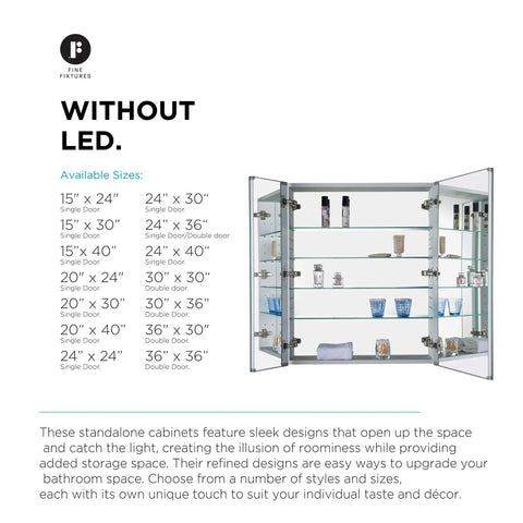 Heavy Duty Anodized Aluminum Bathroom Medicine Cabinet Featuring Adjustable Tempered Glass Shelves And Mirrored Interior open with various sizes displayed.
