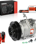 Straight Up Top Tier Air Conditioning Compressor Replacement With Clutch For Toyota Corolla 2003 Through 2008 shown with gloves and installation tools.