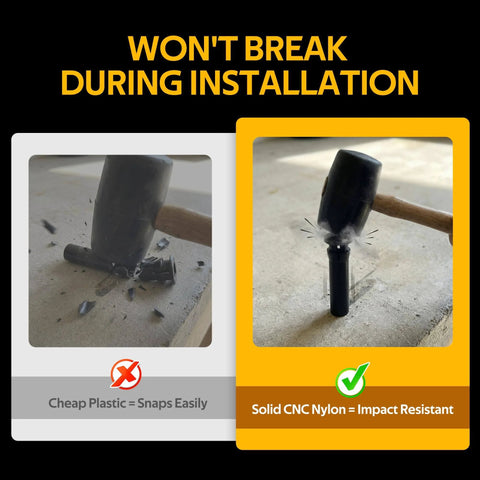 Comparison of broken cheap plastic pin and intact CNC nylon pin during installation with hammer impact resistance
