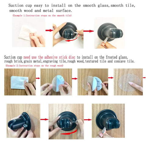 Steps to install No Drill Suction Cup Shower Head Holder With Adhesive Discs Heavy Duty Wall Mount on various surfaces