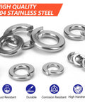 Close-up of 1100 Piece Spring Lock Washers Set In Stainless Steel For Screws And Bolts Metric Split Lock Washers From M2 To M12 Pro Grade Kit