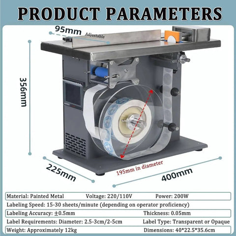 Semi Automatic Right Angle Labeling Machine With Plc Control And Fiber Optic Sensor Adjustable Speed For Tamper Evident Box CornerRadius Sealing High Precision Application, front view showing parameters and dimensions.
