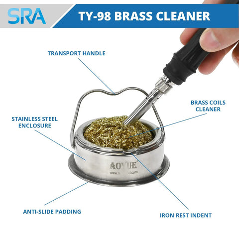 Hand holding soldering iron above Soldering Iron Tip Cleaner With Brass Wire Sponge No Water Needed For Quick Mess Free Tip Refresh And Longer Tip Life Ideal For Precision Electronics Soldering And Rework TY98 Compatible
