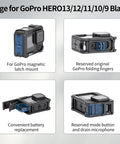 Cage features for GoPro Hero 13 12 11 10 9 Black with magnetic latch, folding fingers, battery access, and mic button.