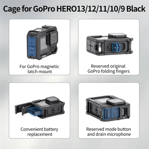 Cage features for GoPro Hero 13 12 11 10 9 Black with magnetic latch, folding fingers, battery access, and mic button.