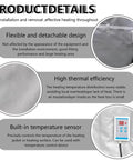 Product details of Industrial Oil Drum Heater Blanket With Adjustable Thermostat for 275 Gallon Tanks and Pipes highlighting features.