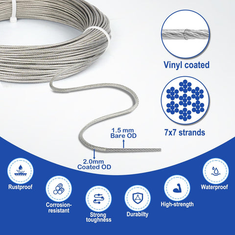 Close-up of vinyl-coated stainless steel cable showing 1.5mm bare OD, 2.0mm coated OD, suitable for Turnbuckle Wire Tensioner Kit 100 Feet.