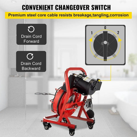 Knockout Heavy Duty Electric Drain Auger With 75 Foot Steel Core Cable showing convenient changeover switch and drain cord options.