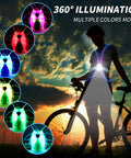 Person wearing LED Reflective Running Vest With Front Light For Runners And Cyclists beside bike at sunset, showing color modes.