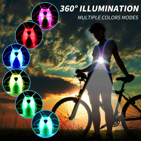 Person wearing LED Reflective Running Vest With Front Light For Runners And Cyclists beside bike at sunset, showing color modes.