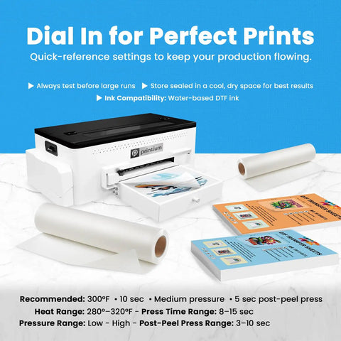 Printer with Transfer Film Roll For All Fabrics 13 Inch Wide By 328 Feet A3 Plus Premium PET Film beside instruction cards.
