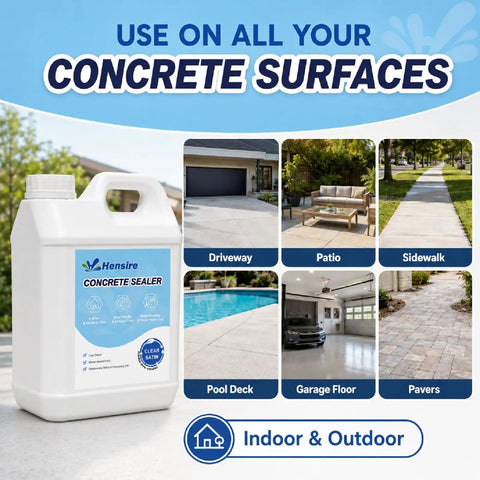 Top Shelf Water Based Concrete Sealer For Pavers And Masonry Surfaces Beefed Up Clear Penetrating Cement Coating, shown with various concrete surfaces.