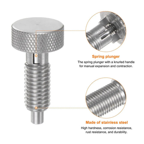 Heavy Duty Stainless Steel Spring Plunger With Knurled Handle Delivering Smooth Retractable Action And M10 X 1.5 Threads, showing detailed knurled handle and threaded shaft.