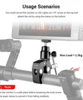 Beefy Clamp Mount With Mini Ball Head for desk or rig, mounted on a tube with a monitor attached, showcasing versatility for vlogging setups