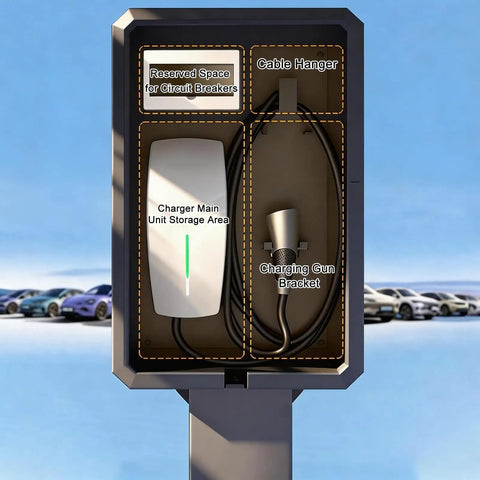 Heavy Duty Outdoor EV Charger Enclosure With Pedestal Stand All Season Lock Box For Electric Cars showing storage, cable hanger, and bracket.