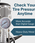 Close-up of 12V Portable Air Compressor With LED Flashlight Compact Double Cylinder Tire Pump showing pressure gauge and metal design.