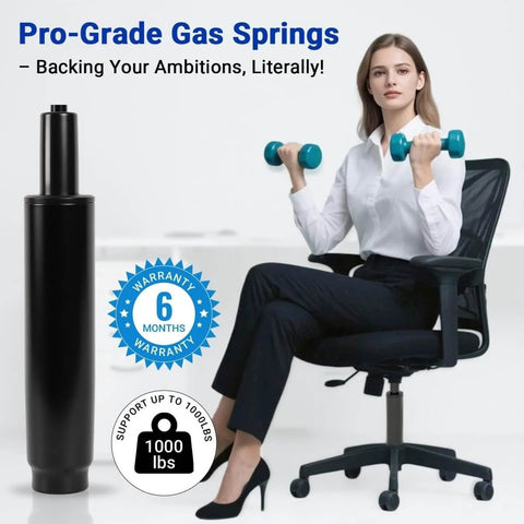 Beefy Heavy Duty Chair Gas Cylinder Replacement With 3.9 Inch Stroke And 1000 Lbs Class 4 Hydraulic Lift next to seated woman