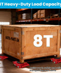 Heavy Duty Machine Skates With 8 Ton Capacity And 360 Degree Rotating Discs Featuring Smooth Silent Pu Rollers For Moving Heavy Industrial Gear Safely On Any Floor with wooden crate.
