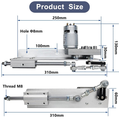 Heavy Duty 24V Reciprocating Linear Actuator dimensions with remote control, adjustable stroke 0.78 to 3.15 inches, 160 RPM, 30 lbs torque