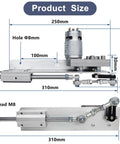 Dimensions of the Reciprocating Linear Actuator 24V with adjustable stroke, showing M8 screws for DIY mounting and motor placement.