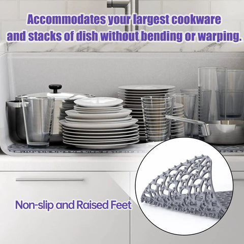 Non Slip Silicone Sink Protector Mat For Kitchen, Heat Resistant Grid Design With Center Drain, Keeps Glassware Safe, Flexible And Easy To Clean, 24.8x13 Inches, Gray shown in kitchen sink with dishes
