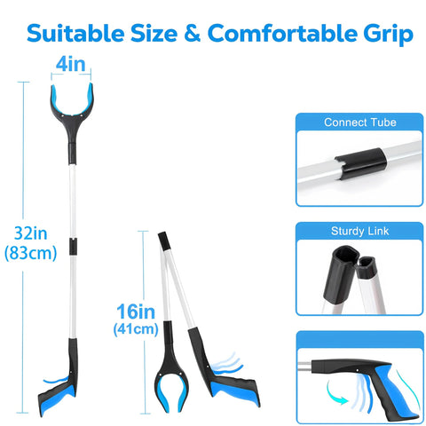 Grabber Reacher Tool, 32-inch blue foldable gripper with aluminum shaft and rubber grip