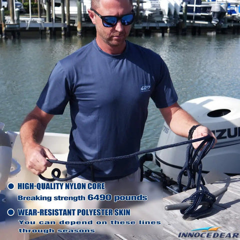 Rock Solid 1/2 Inch X 15 Feet Dock Lines Navy Blue 4 Pack Marine Grade Double Braided Nylon Boat Rope Heavy Duty Mooring Cord Snap Guard Eyelets Salt Water And UV Resistant Tug Line For Boats