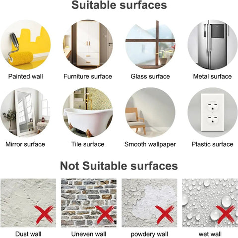 Guide on suitable and not suitable surfaces for Blue Hot Air Balloon Wall Stickers With Cute Cartoon Bear And Rabbit, Stars And Planets Peel And Stick Decals For Nursery, Kids Bedroom, Playroom, Daycare And Classroom Decor That Are Durable, Waterproof, Fade Resistant decals.