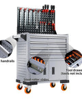Heavy Duty Rolling Tool Cart With Lockable Cabinet And Three Drawers 440 Lbs Capacity On Wheels Built From Cold Rolled Steel Garage Workshop Tool Chest Organizer For Home, Shop, And Warehouse. Grey cart with drawers and pegboard
