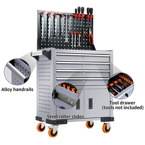 Heavy Duty Rolling Tool Cart With Lockable Cabinet And Three Drawers 440 Lbs Capacity On Wheels Built From Cold Rolled Steel Garage Workshop Tool Chest Organizer For Home, Shop, And Warehouse. Grey cart with drawers and pegboard
