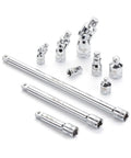 Socket Accessory Kit Ten Piece Chrome Vanadium Extension And Universal Joint Set with Adapters, Silver Finish